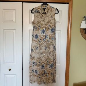 Statements sleeveless linen floral button up dress with side slits